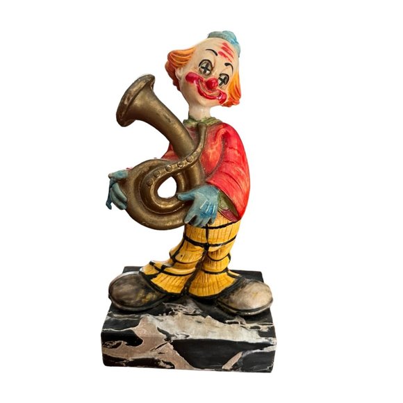 Vintage Italian Clown Figurine Playing Tuba French Horn Marble Base Collectible - Picture 1 of 6